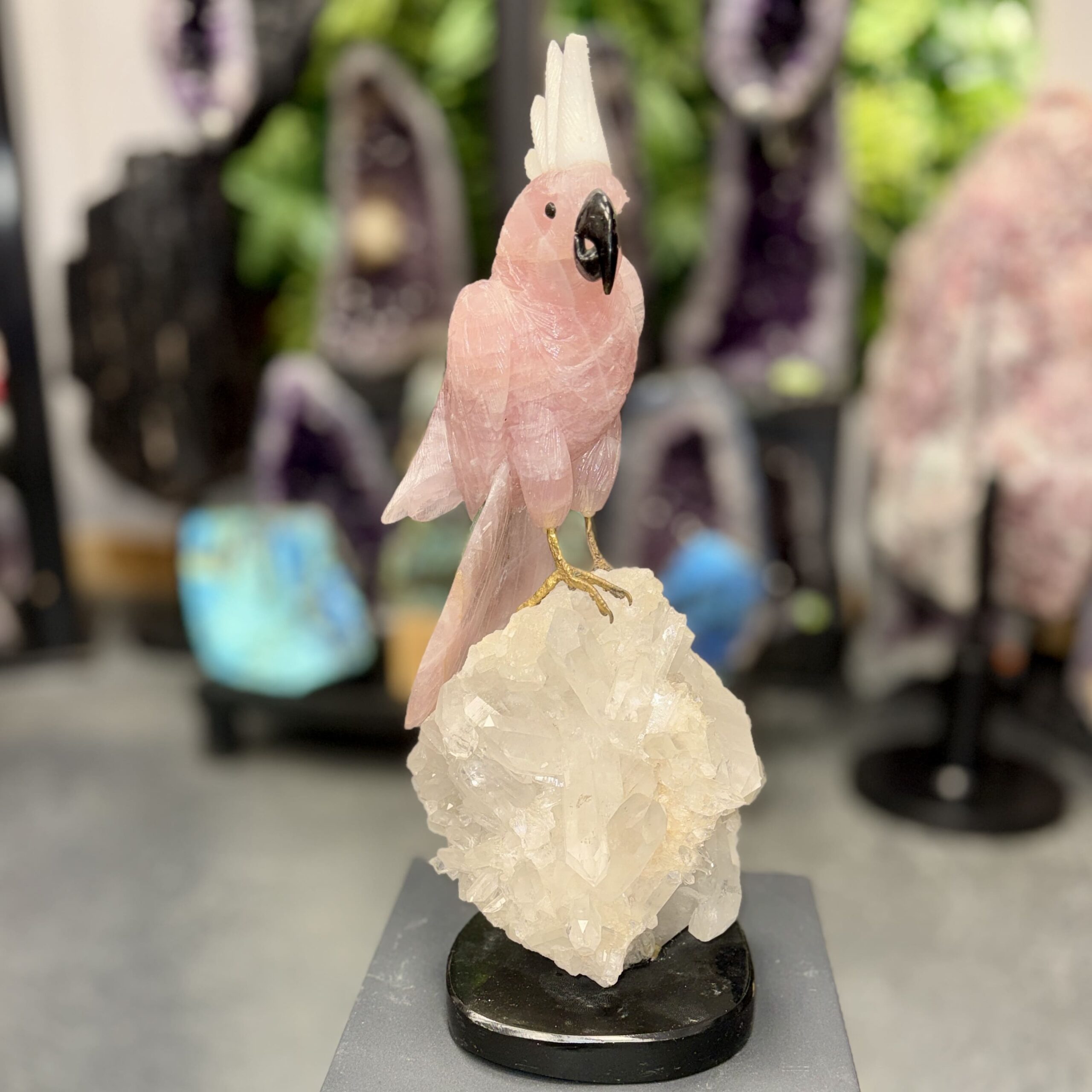 Cacatoès en quartz rose sur base cristal – Pièce exclusive